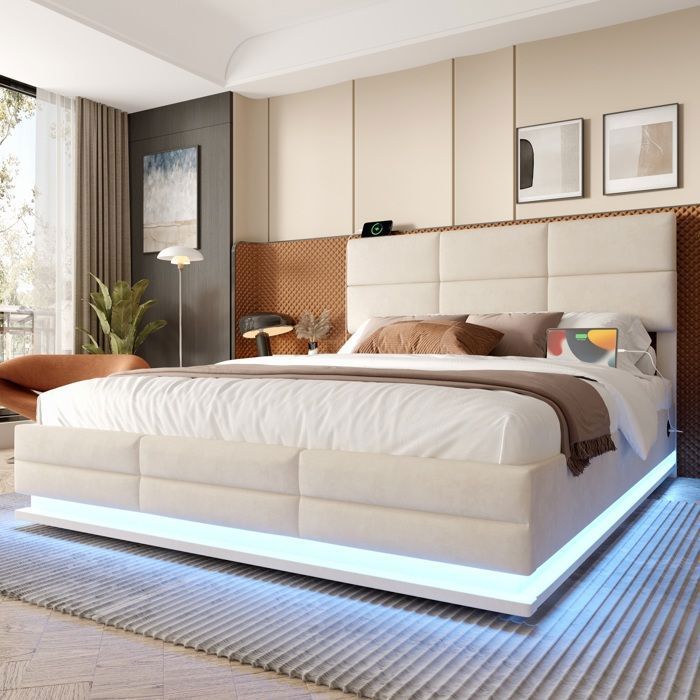 Lit rembourrée double 160x200 cm Lit coffre Lit capitonné en velours avec éclairage LED rangement - beige