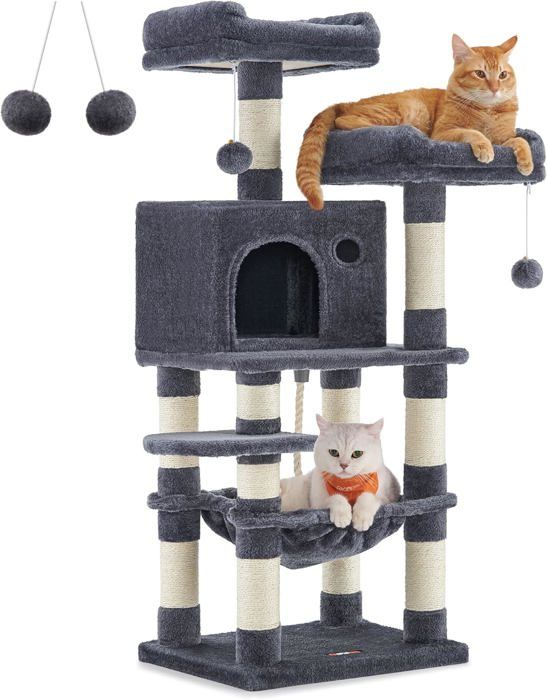 Meilleurs prix pour Arbre À Chat Hauteur 112 Cm Tour De Jeux Pour Chat Avec 11 Poteaux À Griffer 2 Plateformes 1 Niche 1 Hamac 2 Pompons En T