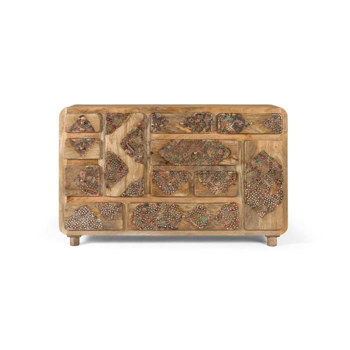 Buffet bas en bois de manguier - 148 cm - Design contemporain - Détails peints - Tiroirs variés