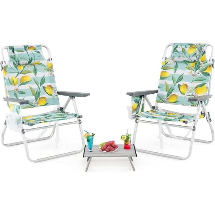 COSTWAY Ensemble 3 PCS Table et 2 Chaises Pliables de Jardin à 5 Positions Tissu Oxford Porte-gobelet Porte-serviette Vert