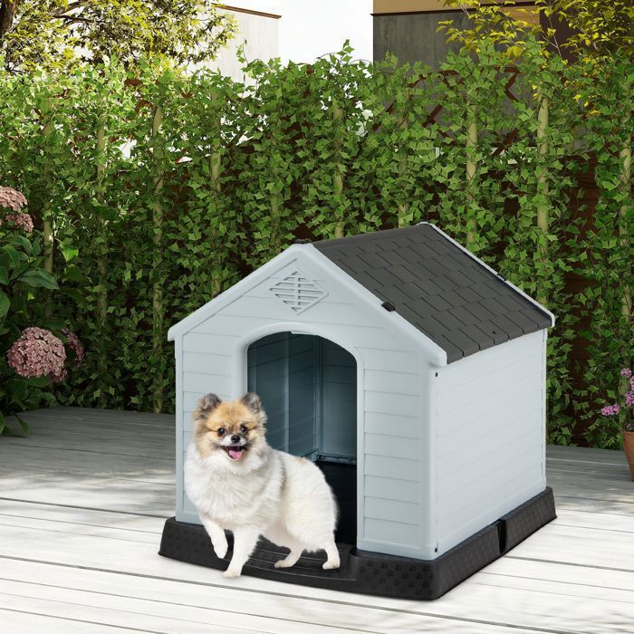 Comparer les prix de Maison Pour Animaux Costway 70 X 65 X 71,5cm, Ventilé Avec Bouche D¿Aération, Plancher Surélever, Niche Pour Chien Intér Extér Gris