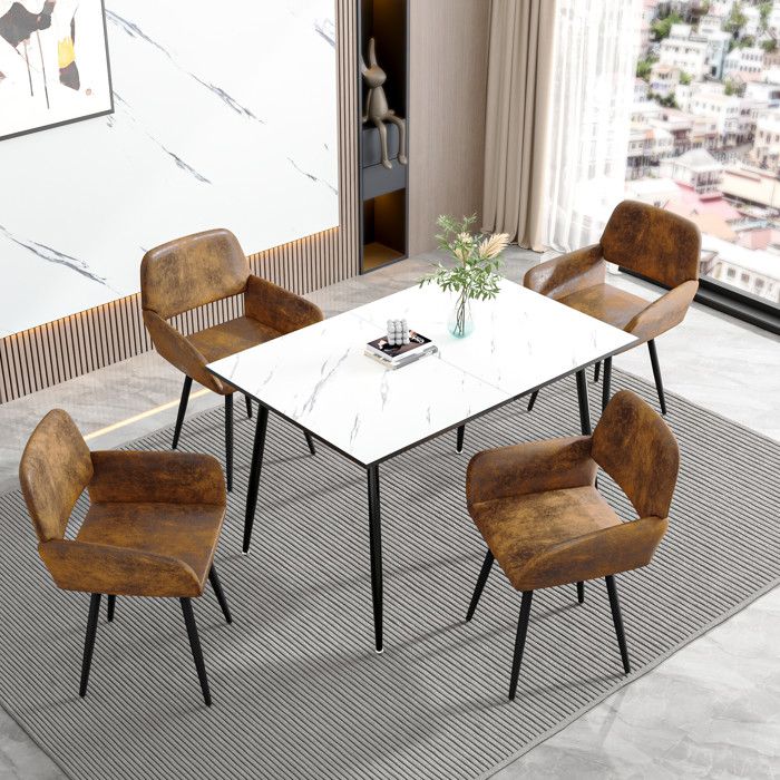 URBAN MEUBLE - ensemble de salle à manger - 5 pièces - table à manger extensible blanche - avec 4 chaises vintage marron URBAN MEUBLE - ensemble de salle à manger - 5 pièces - table à manger extensible blanche - avec 4 chaises vintage marron