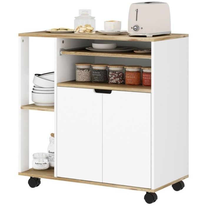 Desserte de cuisine roulante blanche avec rangement armoire et étagères réglables pour cuisine/salon/salle à manger Desserte de cuisine roulante blanche avec rangement armoire et étagères réglables pour cuisine/salon/salle à manger