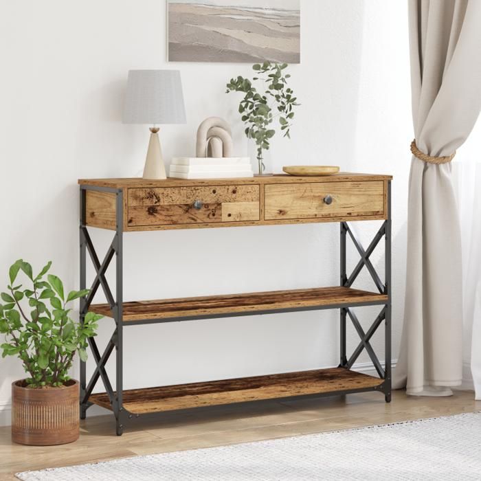 Table Console en Bois Ancien 100x28x75 cm en Bois Ingénieré et Acier