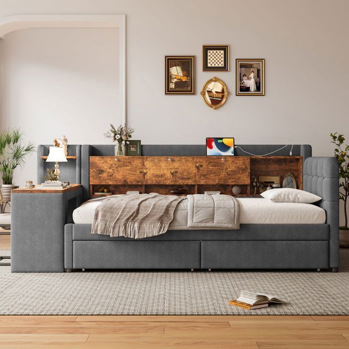 O.Ye Bureau Lit 90x200cm 2 Tiroirs USB/C Gris - Canapé-lit Convertible avec Rangement et Sommier à Lattes en Lin - Matel MERIDIENNE