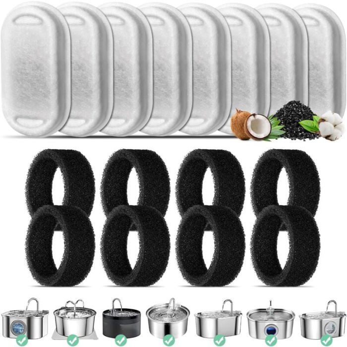 Meilleurs prix pour 8 filtres fontaine eau chat 32L/2L charbon actif + mousse inox rechange Label