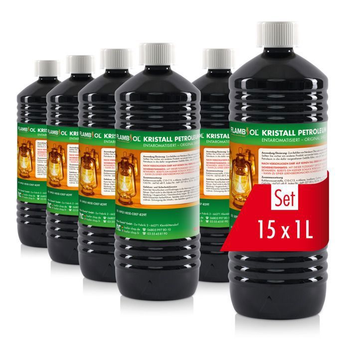 FLAMBIOL Pétrole Purifié 15 x 1 L - Qualité Désaromatisée - Pour Chauffages de Camping Lampes à Pétrole & Allume-Grill FLAMBIOL Pétrole Purifié 15 x 1 L - Qualité Désaromatisée - Pour Chauffages de Camping Lampes à Pétrole & Allume-Grill