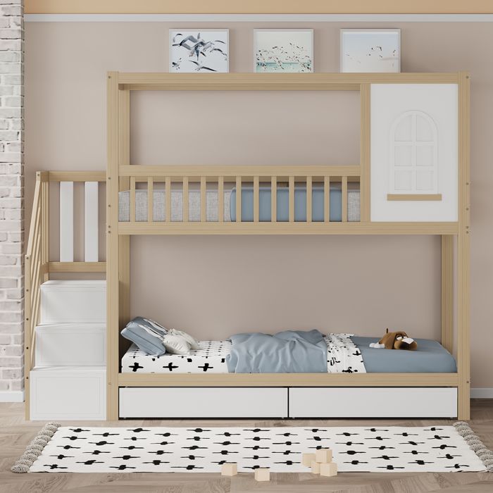 Lit superposé pour enfant - Maisonnette 90x200 - Bois massif - Avec tiroirs - Barrières de sécurité