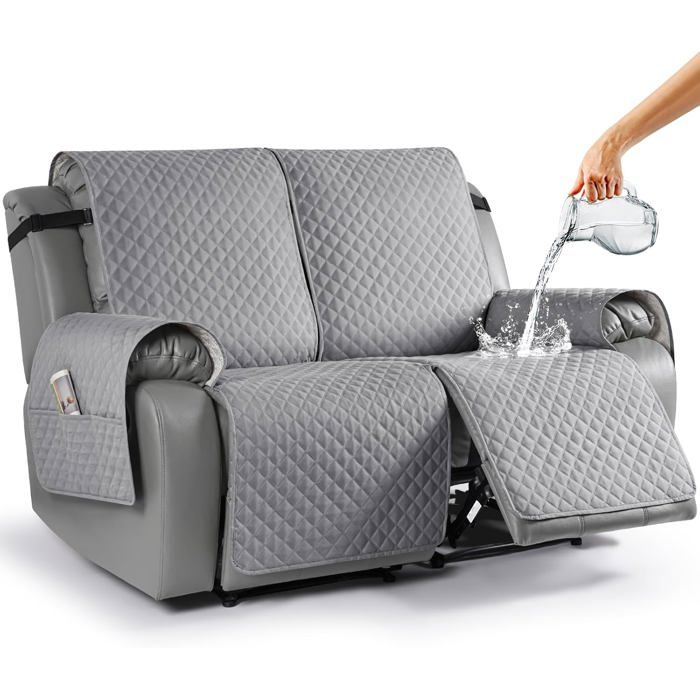 Housse canapé inclinable 2 places Imperméable Poche Lavable Gris clair