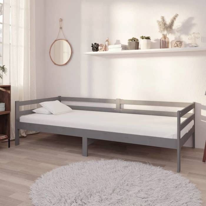 3235•JILLE® Structure de lit 1 places Scandinave: Lit de jour sans matelas gris - Bois de pin massif 90x200cm ABHT 7671763