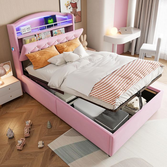 lit coffre 90 x 200 cm - Tissu velours - Lit capitonné enfant - Avec rangements - Lumière LED et port USB