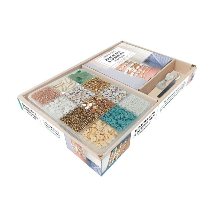 Kit de création de bracelets - Perles White & Gold - 3 50m de fil nylon - Pince brucelle - Livret explicatif
