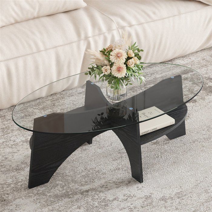 Table Basse Ovale en Verre Trempé avec Pieds en Bois Noir Table Basse Salon Transparente Moderne avec Rangement 104.9x60x35.6 cm