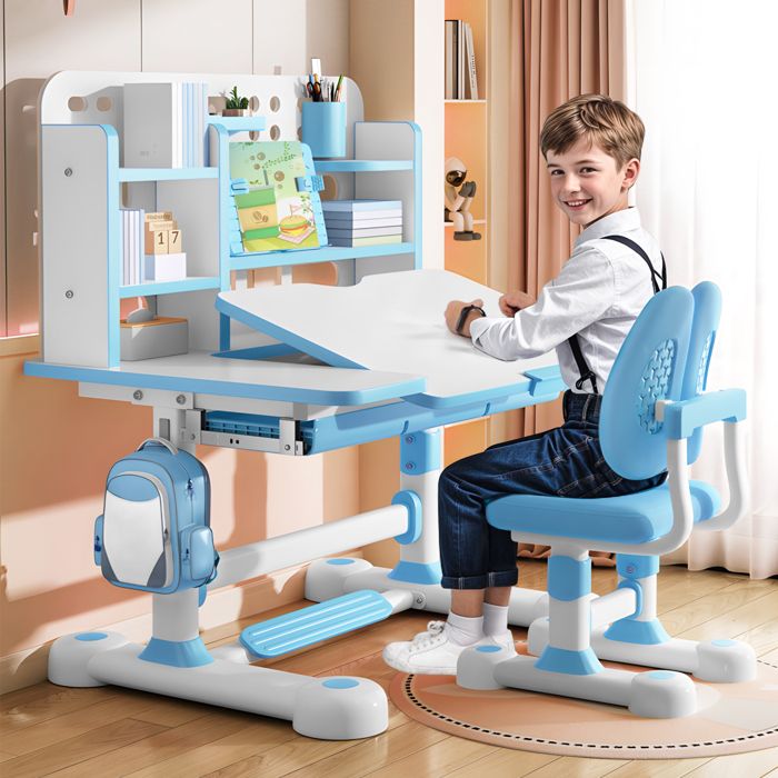 Nouvel Ensemble Bureau Enfant - Réglable en Hauteur - avec Étagère - Tiroir de Rangement et Plateau Inclinable à 50°