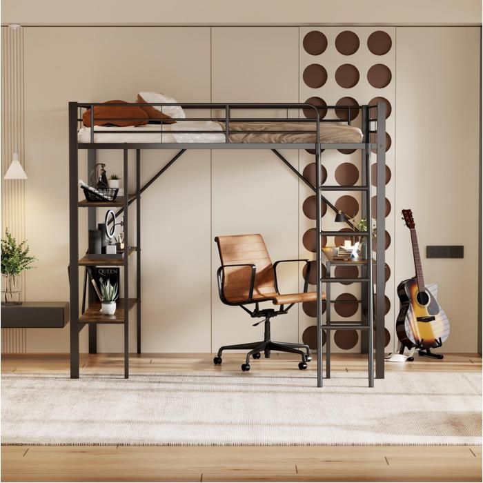 Lit mezzanine enfant 90x200 cm. avec 1 bureau plat et 3 étagères de rangement. métal. lit simple noir