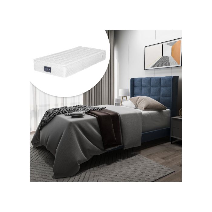 Lit capitonné avec tête de lit rembourrée lit simple à sommier à lattes 90x200cm en lin bleu fermeté moyenne