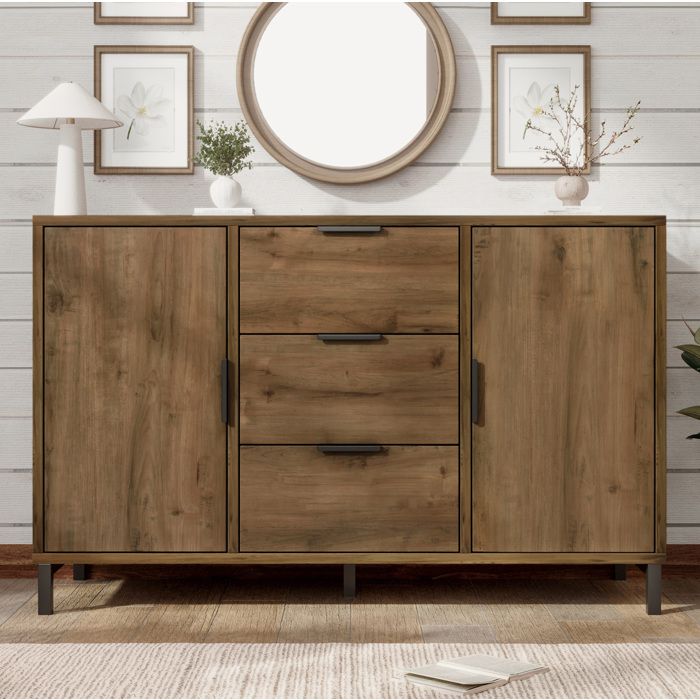 Buffet industriel chêne foncé L 120 x P 40 x H 76 cm 2 portes 3 tiroirs étagère réglable