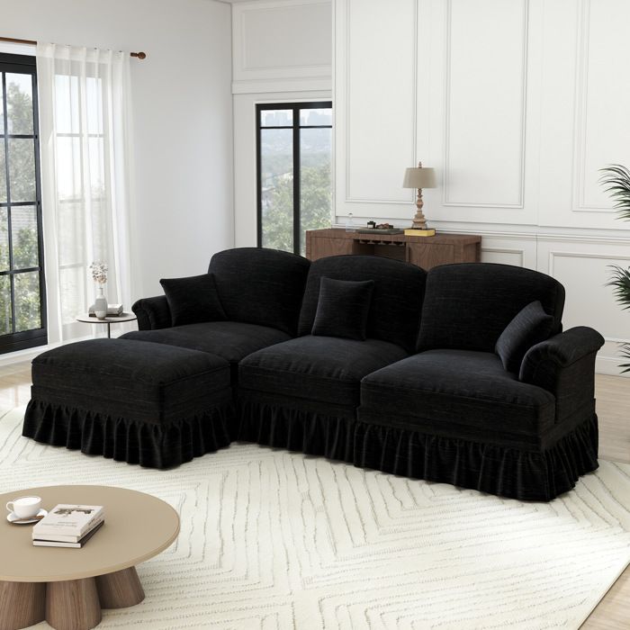 Canapé d’angle modulable 3 places noir en chenille ottoman mobile 2 styles montage nécessaire