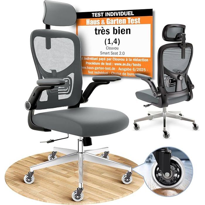 CLOUVOU Chaise de bureau ergonomique moderne - Chaise gaming adultes - accoudoirs rabattables - Max 150 kg - SmartSeat - Anthracite