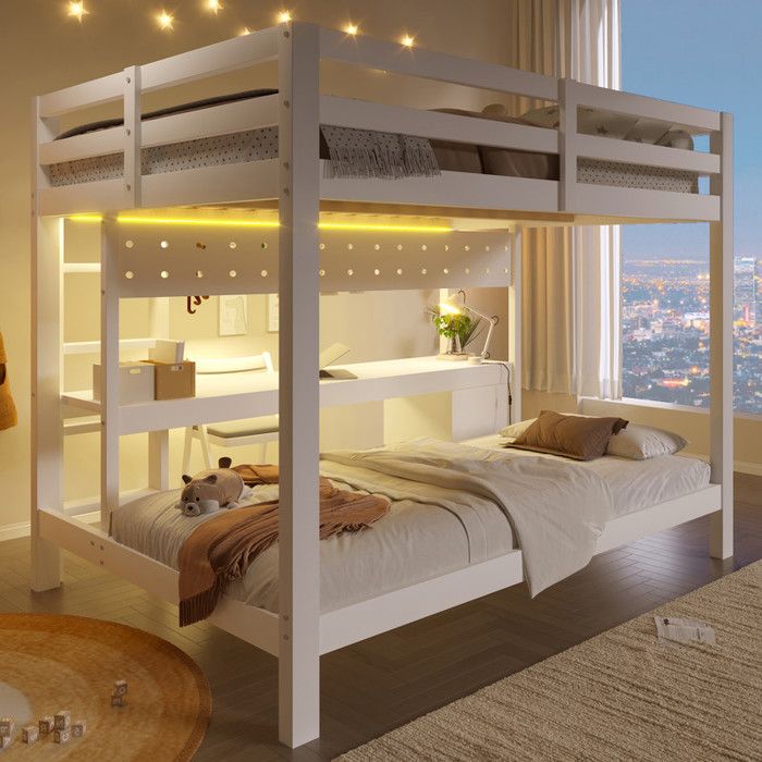 Lit superposé enfant 90/140x200cm lit 3 places avec tiroirs et bureau lit triple avec bande lumineuse LED bois massif blanc