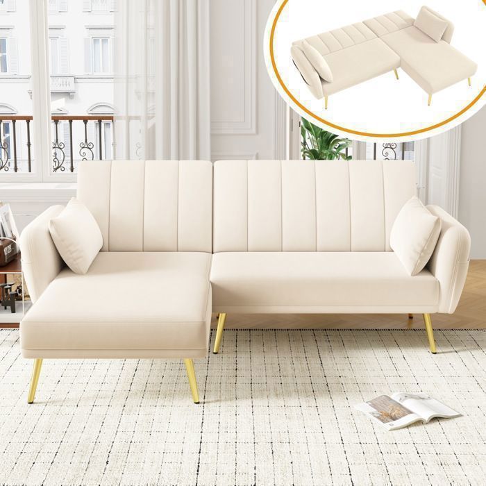 Canapé d’angle convertible en velours beige avec dossier réglable