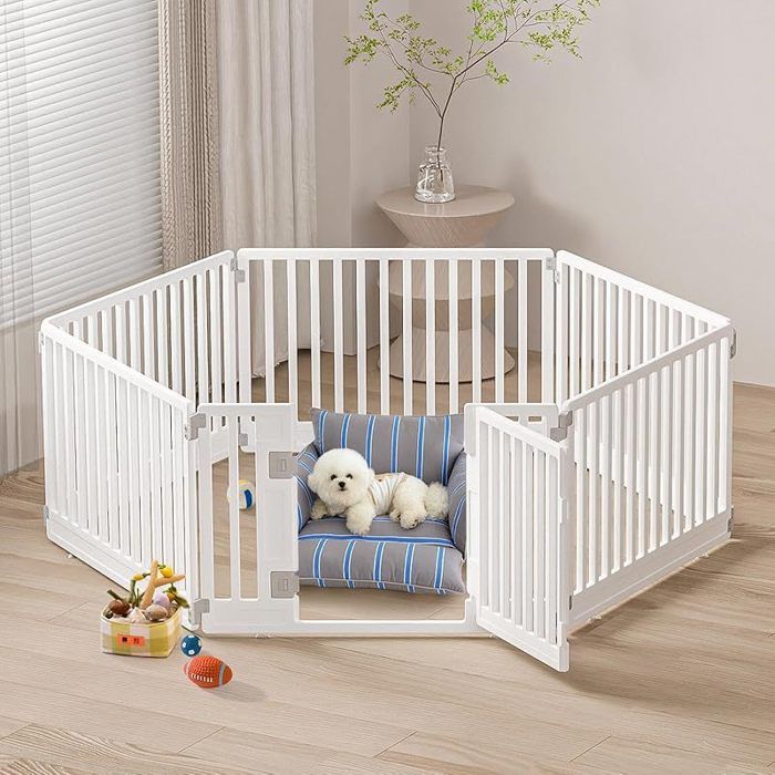 Parc pour Chiens Chiots d’Intérieur ou d’Extérieur Box pour Chiens Cage pour Chiots avec Porte Solide Blanc -178x153cm (6 pièce