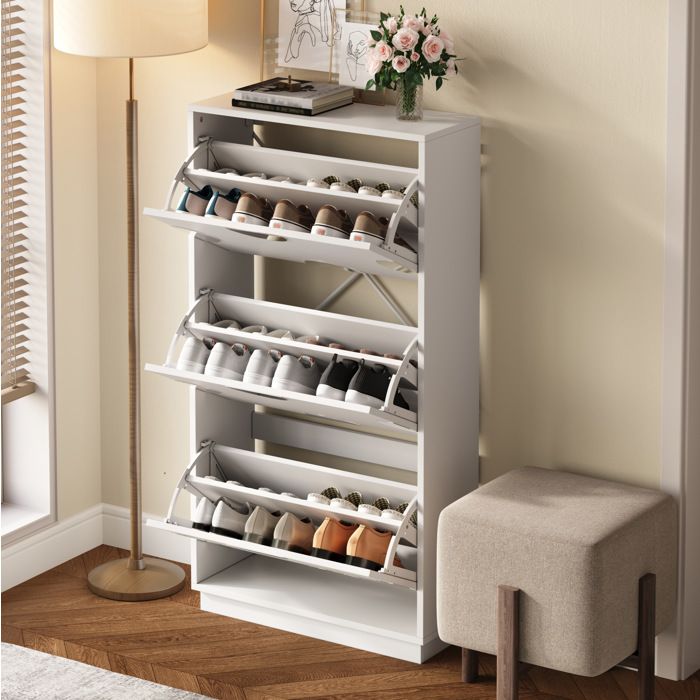 Meuble à chaussures Blanc 3 portes abattantes avec miroir rond gain de place pour entrée 63 × 24 × 120 cm - UVRION