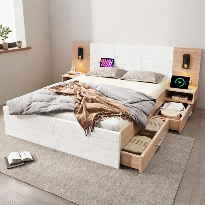 Pour chambre adulte: ensemble lit double 180x200 cm bois massif et MDF clean white et chêne clair avec rangement et lampe USB