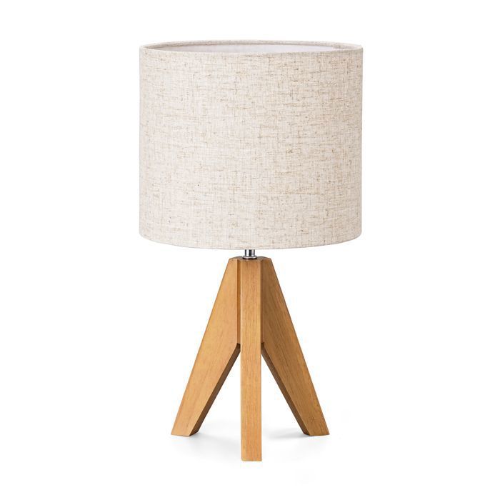 Lampe à Poser Bois et Lin Beige Ampoule LED E27 Incluse noyer clair Trépied Vintage LAMPE A POSER