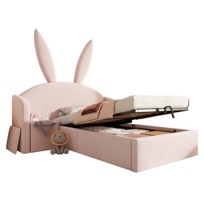 Lit Enfant Velours Rose 90x190cm coffre Hydraulique tête Capitonnée Oreilles Lapin + Table De Chevet Sans Matelas Lit Enfant Velours Rose 90x190cm coffre Hydraulique tête Capitonnée Oreilles Lapin + Table De Chevet Sans Matelas