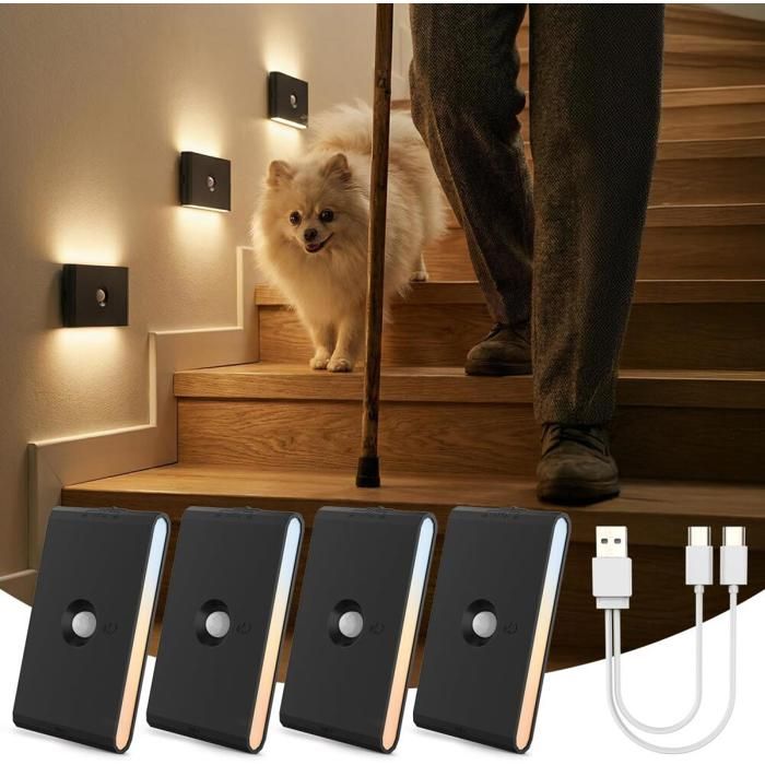 Veilleuse Detecteur de Mouvement & Capteur de Crépuscule- Lampe LED Rechargeable 3 Mode AUTO ON/OFF- Escalier- Chambre- Lot de 4