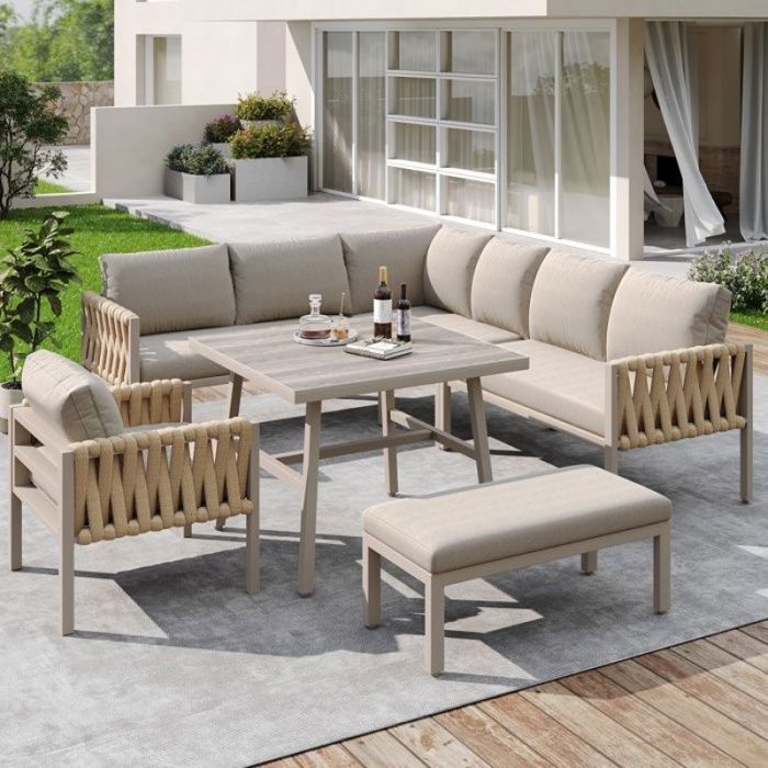 Canapé jardin convertible extérieur complet beige salon dangle 6 places fer galvanisé table verre trempé pieds réglables