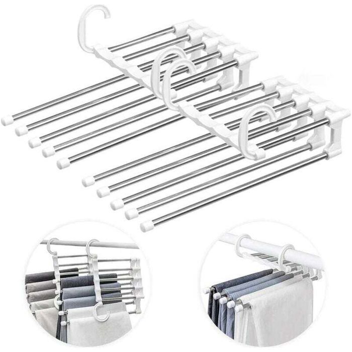 Cintre Pantalon Inox Pliable 30x21 cm - Extensible & Multifonction - Lot de 2 - Blanc