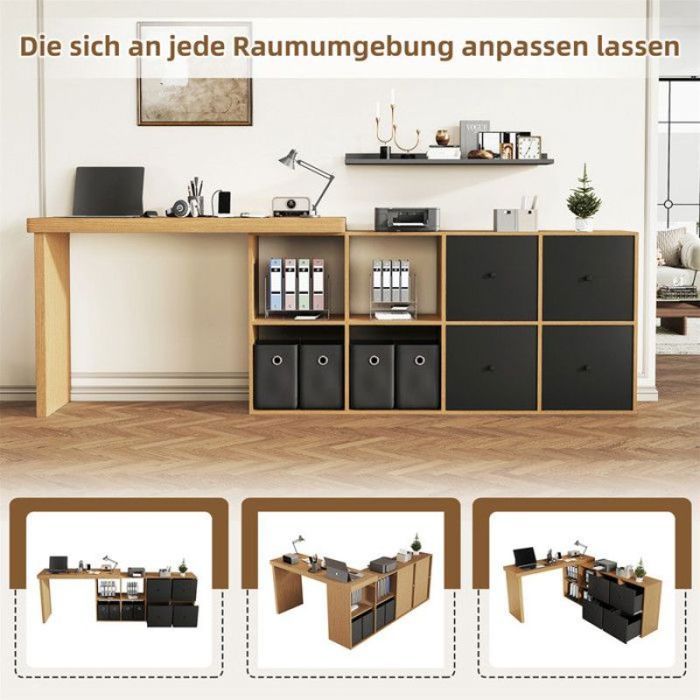 Table dangle avec plateau pivotant 360° mobile 4 tiroirs et 4 compartiments dimensions 260 x 48 x 78 cm