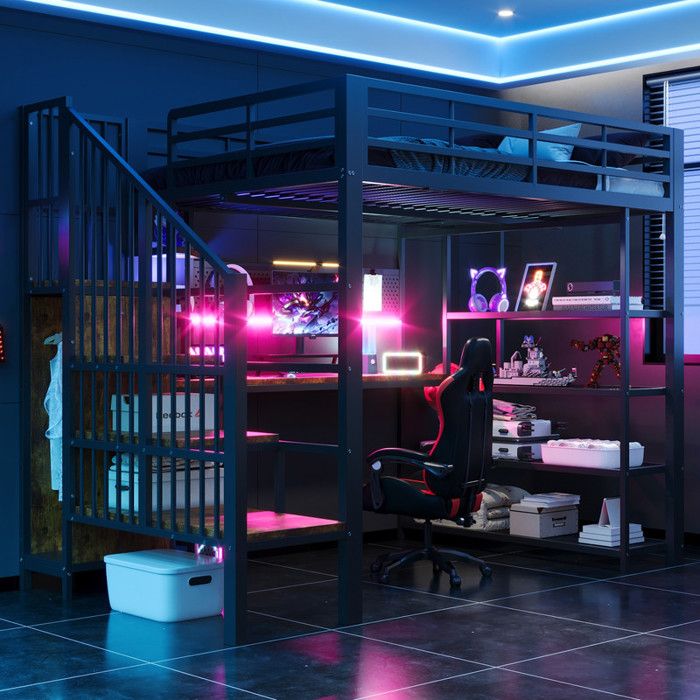 Lit mezzanine 140×200 cm lit enfant lit double bureau et panneau perforé longs étagère prises européennes et LED rambarde noir