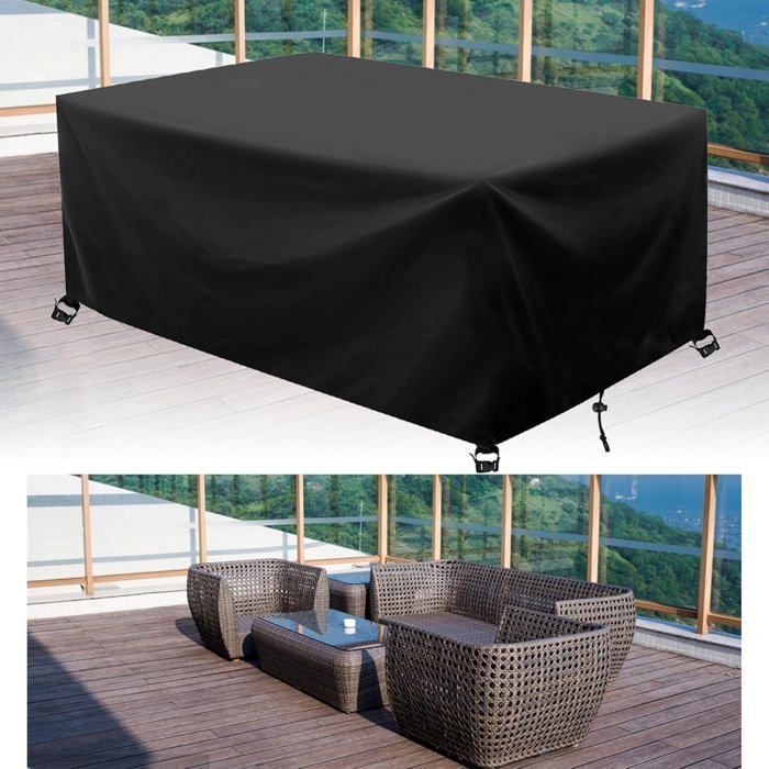 Housse mobilier noir - 420D 210x110x70cm coupe-vent anti-UV résistant déchirure table jardin PIQUET DATTACHE