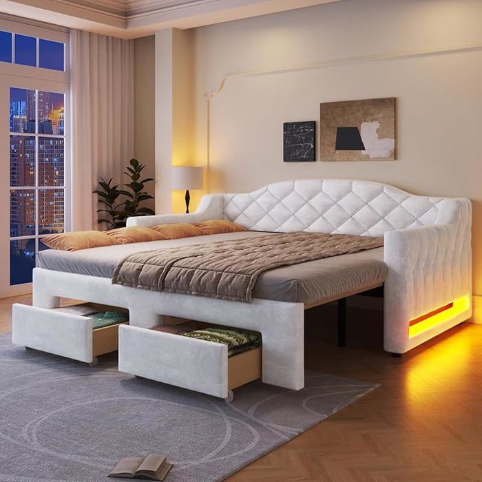Canapé-lit capitonné 90x200 cm extensible 180x200 2 tiroirs LED 7 couleurs pour salon ou chambre damis blanc LIT COMBINE
