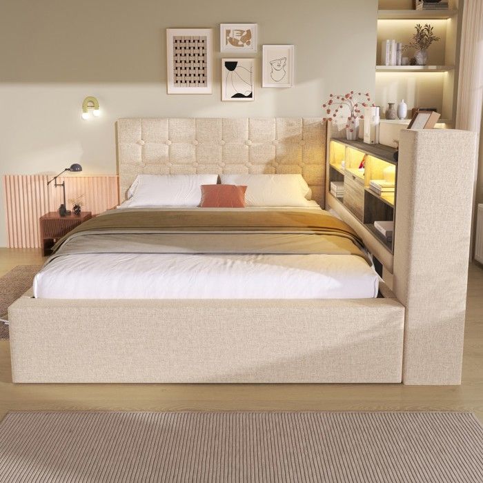 Lit Canapé 140x190 Beige - LED Hydraulique Rangement - Tête Lit L Rembourré - Lin Confort - Design Modulable (sans Matelas)