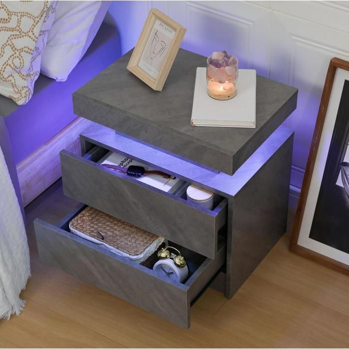 Table de chevet LED 2 tiroirs gris fonce moderne - TCQPZ - eclairage reglable meuble dappoint en bois dingenierie