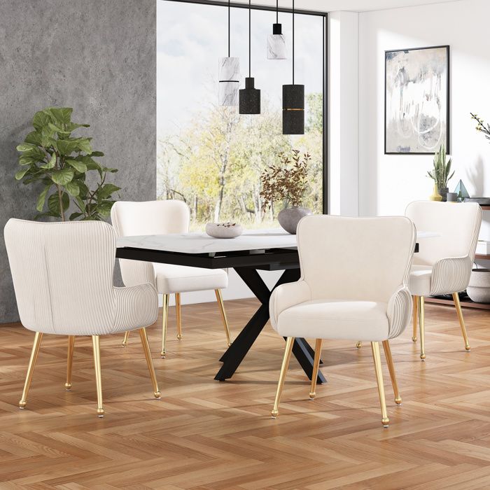 WOVREO Chaise de salle à manger en velours lot de 4 avec accoudoirs pieds en métal doré beige