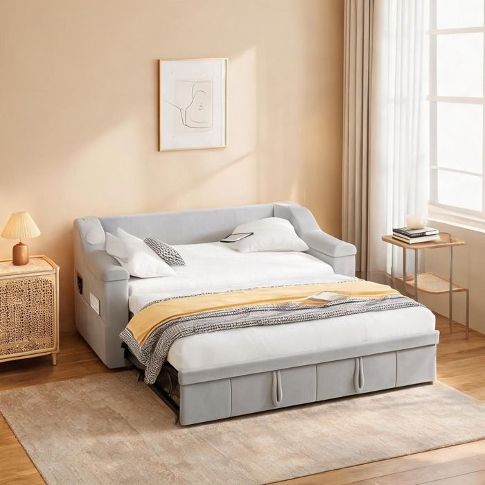Canapé-lit convertible 2 places 180x190 cm en velours gris froid avec accoudoirs larges Bluetooth et USB