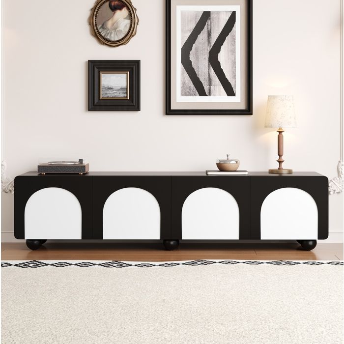 Meuble TV bas 180 cm noir et blanc avec 2 tiroirs 2 portes et passe-câbles meuble rangement MDF ORVRYN