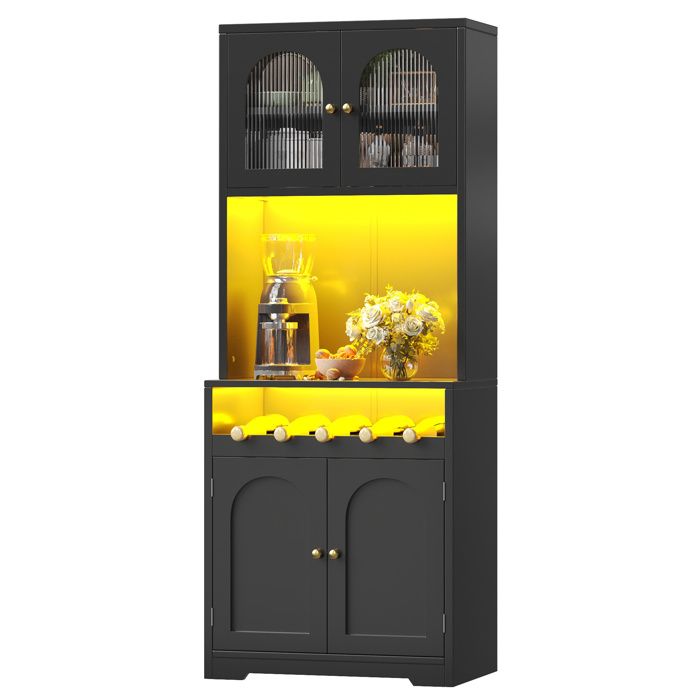 ELVORIN Buffet de cuisine haut 70 x 38 3 x 180 cm noir mat LED RGB portes vitrees arquees porte-bouteilles