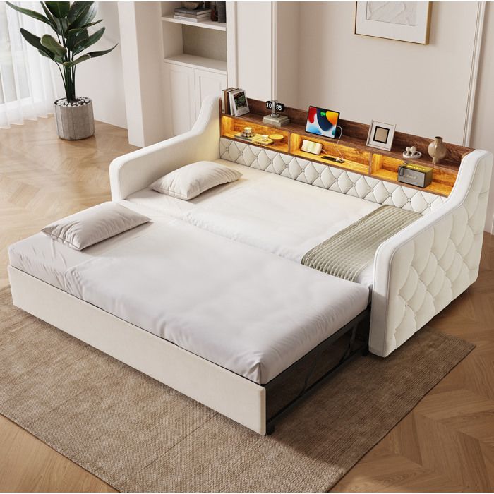 Canapé convertible 1 place avec lit gigogne tête de lit rangement LED USB et Type-C velours beige - UVRION