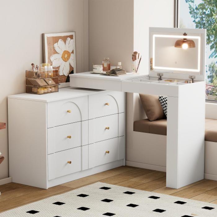 Coiffeuse modulable panneau de particules blanc 105×40×80cm miroir LED trois teintes sept tiroirs étagère latérale anti-bascule