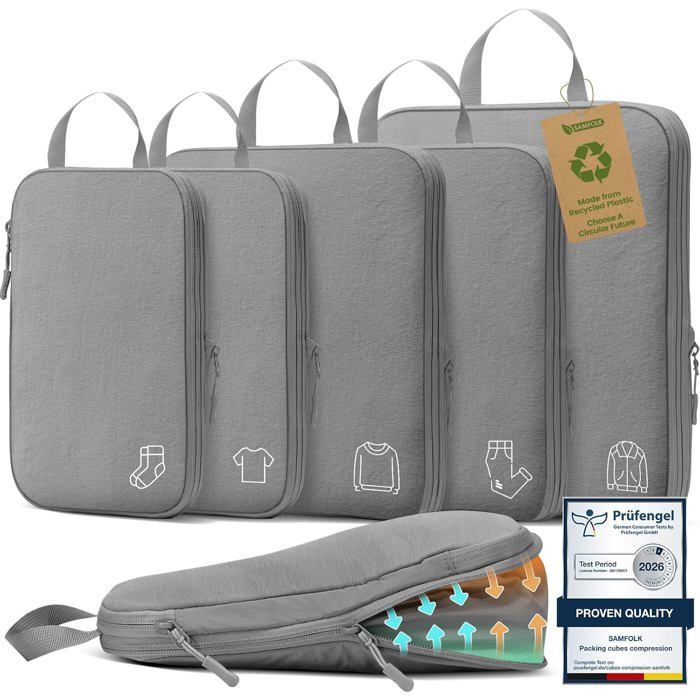 Organisateur valise nylon compression packing cubes voyage sac rangement bagage et sac à dos (Gris)
