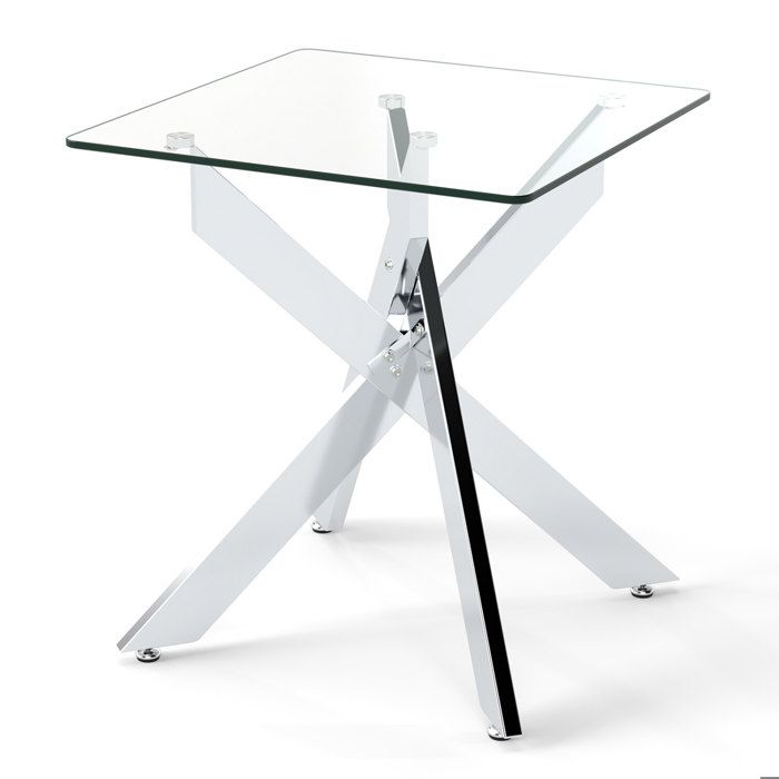 Table dappoint en verre trempé base métal double X pieds réglables bout de canapé ou table de chevet