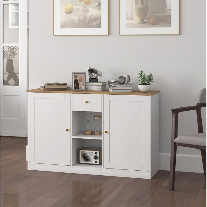 Buffet bas AESVAR 120 x 35 x 75 2 cm avec 2 portes 1 tiroir et 2 niches ouvertes blanc et aspect bois
