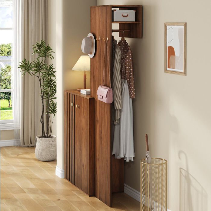 Garde-robe d’entrée multifonction AESVAR en MDF effet bois noyer 115 x 38 5 x 191 5 cm