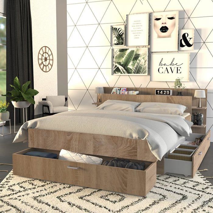 SAMBA Lit 140x190cm avec tête de lit étagère et 2 tiroirs sur roulettes Chêne blanchi SAMBA Lit 140x190cm avec tête de lit étagère et 2 tiroirs sur roulettes Chêne blanchi